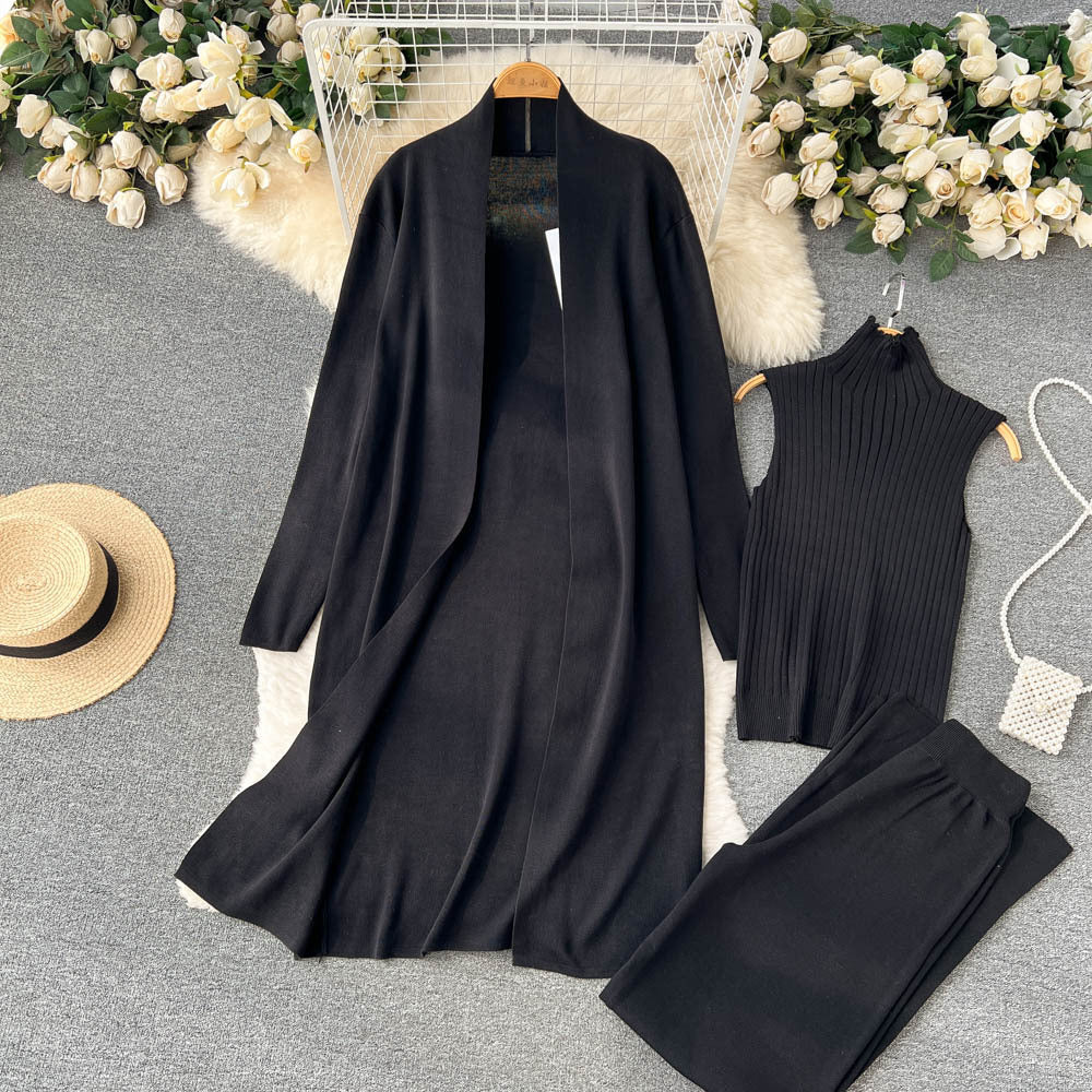 Fashion Fall Knitted 3pcs Cardigan High Neck Sweater Wide Legs Pants-suits-Black-One Size-Free Shipping Leatheretro