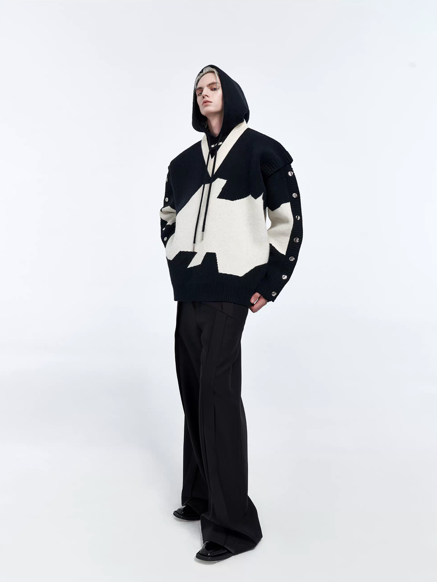 TIWILLTANG Contrast Layered Snap-Sleeves Knit Hoodie