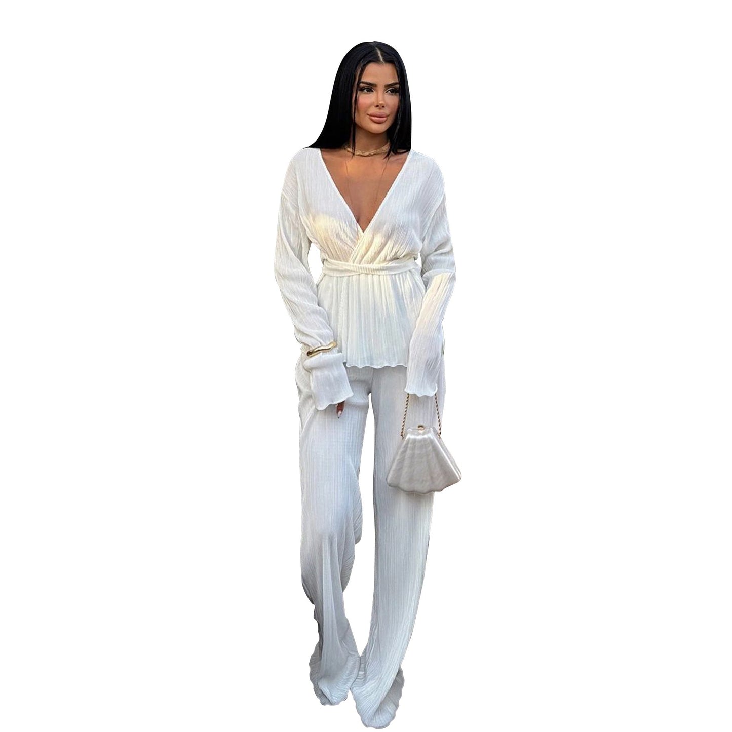 Casual V Neck Long Sleeves Tops and Pants Two Pieces Suits-suits-White-S-Free Shipping Leatheretro