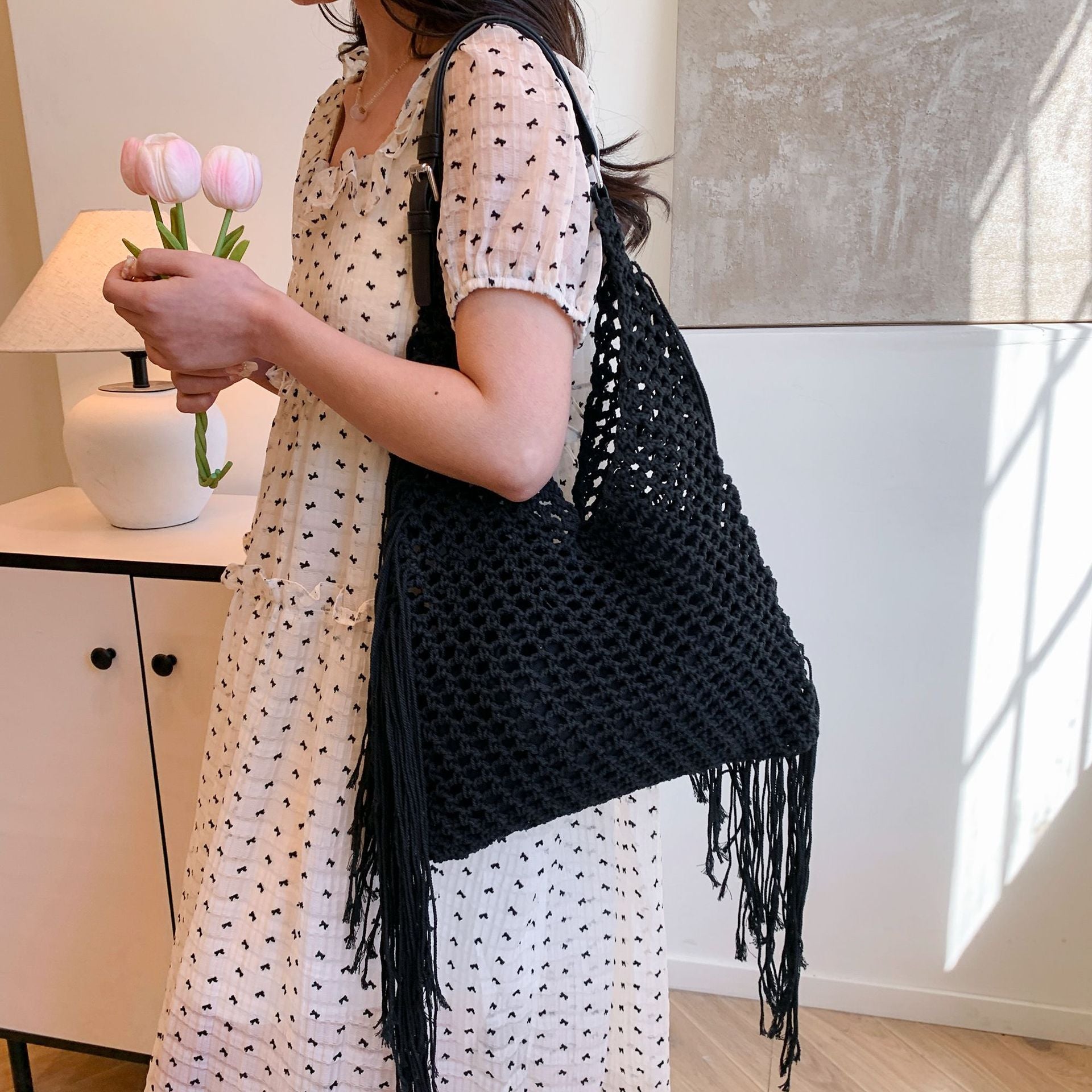 Retro Fringe Handwoven Crochet Tote Bag-Black-Free Shipping Leatheretro