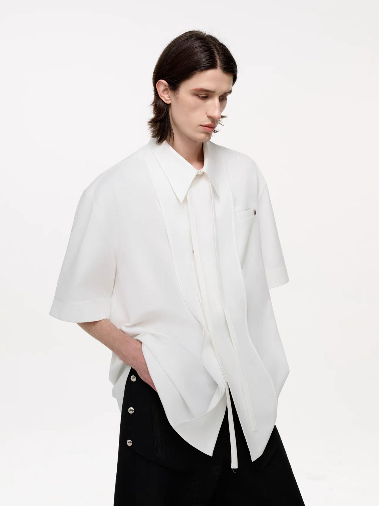 TIWILLTANG Draped Camp-Collar T Shirt-Jacket-S-Black-Free Shipping Leatheretro
