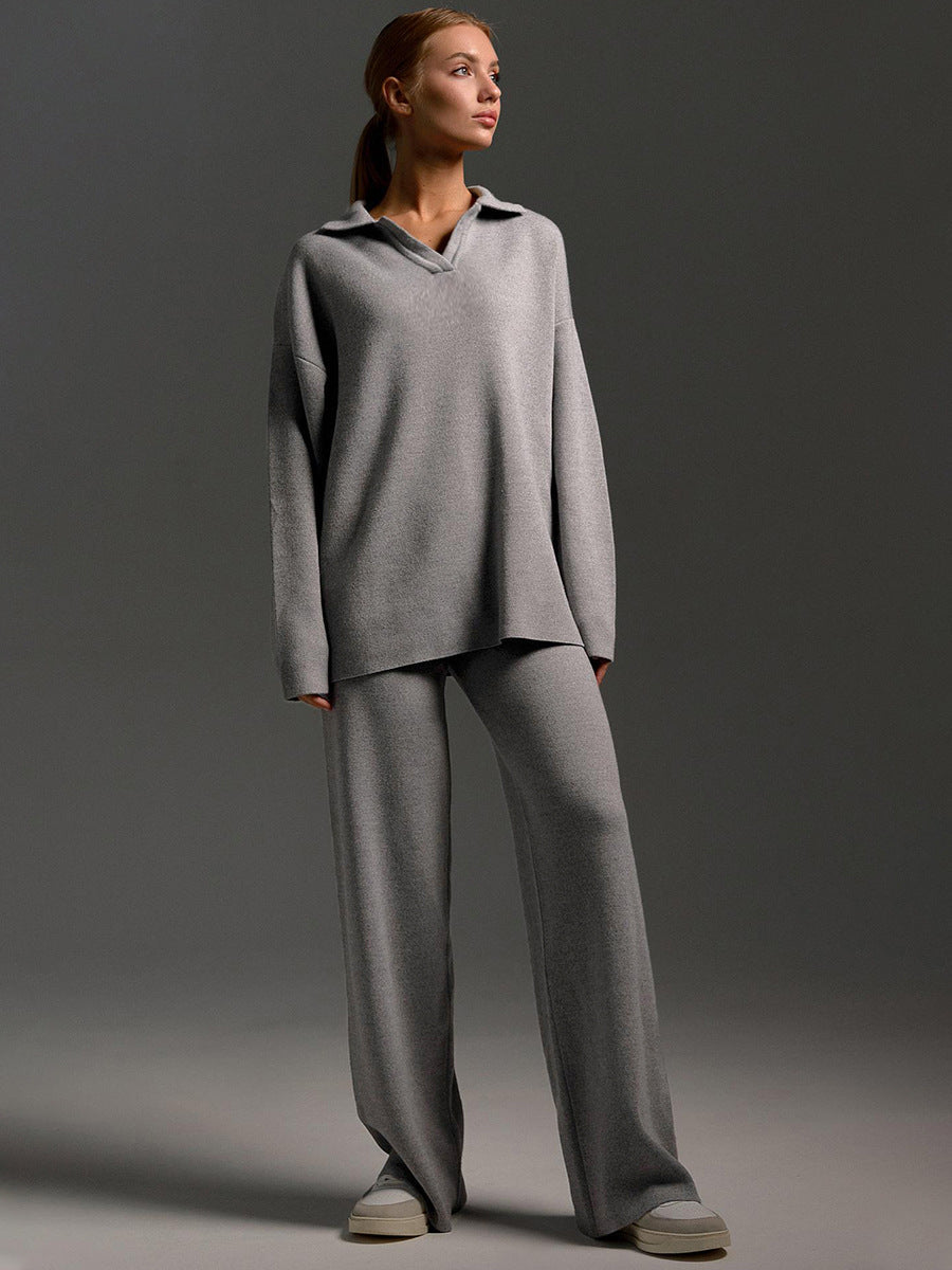 Fashion Winter Polo Neck Knitted Tops & Wide Legs Pants-suits-Gray-S-Free Shipping Leatheretro