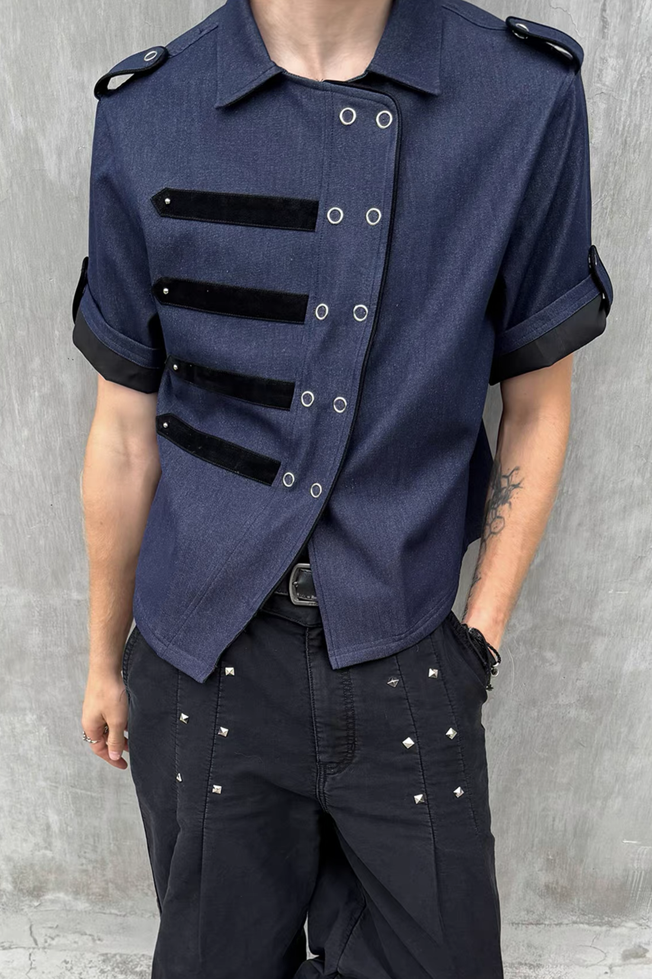 ESAIAS Asymmetrical Rivet-Strap Half Shirt-Half shirt-S-Free Shipping Leatheretro