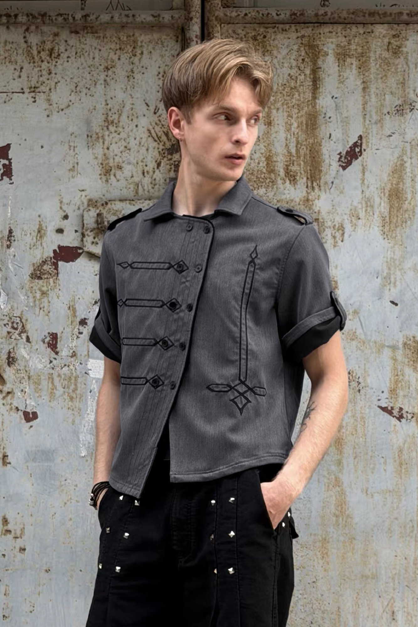 ESAIAS Napoleon Embroidered Asymmetrical Half Shirt-Half shirt-S-Free Shipping Leatheretro