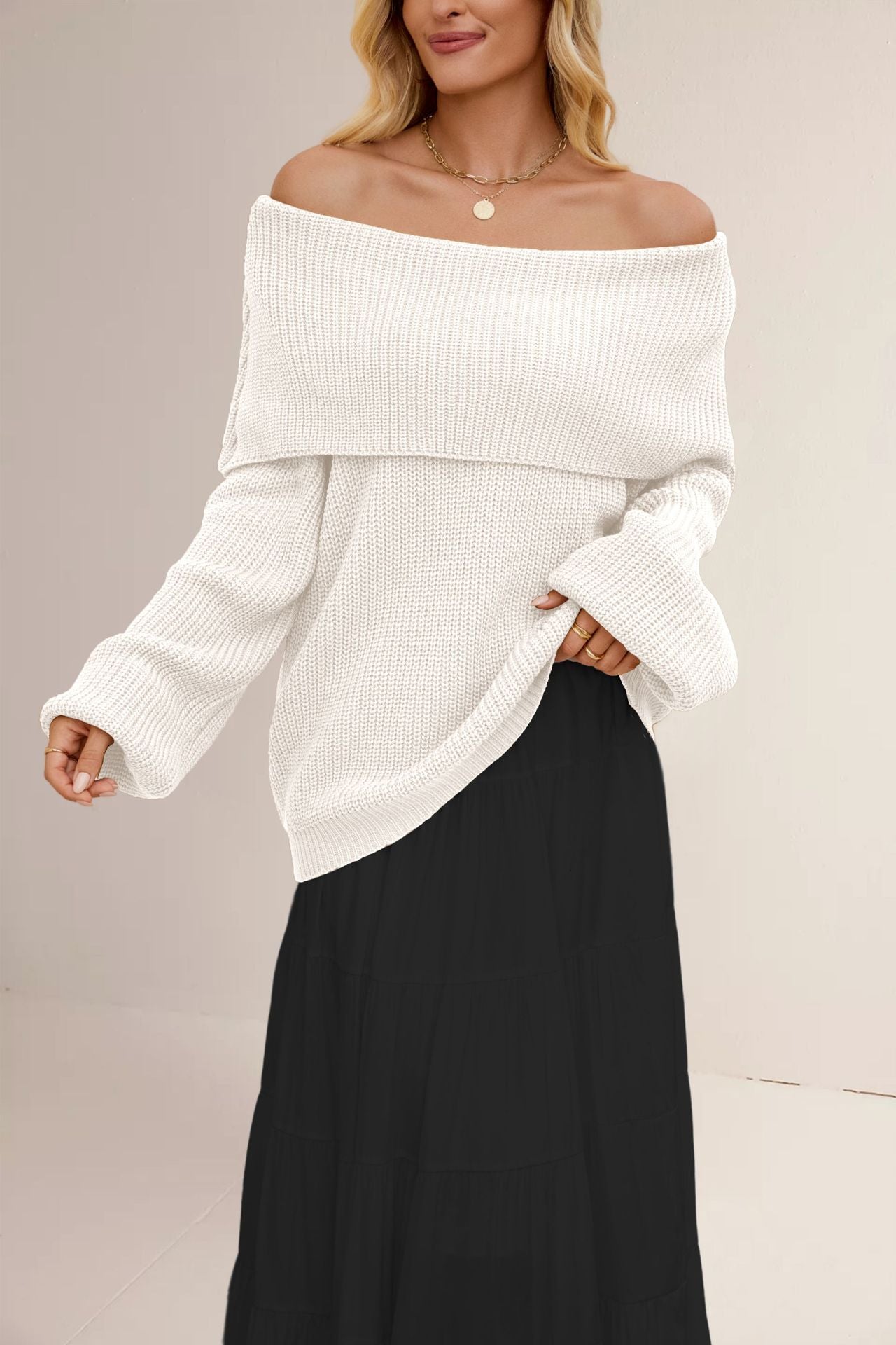 Women's Oversized Off-Shoulder Sweater-black-S-Free Shipping Leatheretro