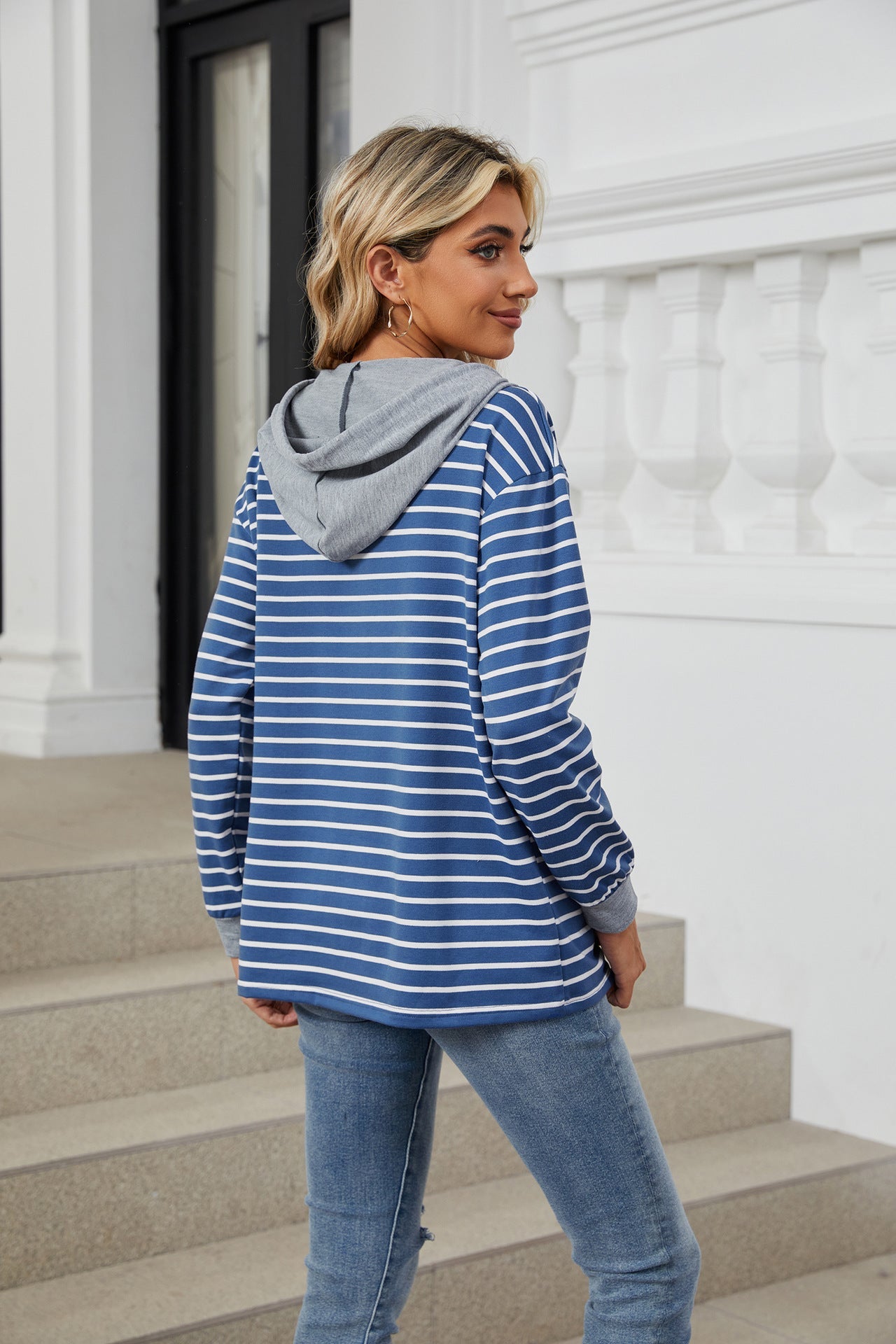 Casual Striped Long Sleeves Hoodies-Sweater&Hoodies-Navy Blue-S-Free Shipping Leatheretro