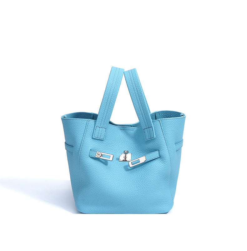 Top-Grain Leather Handbag – Stylish Basket Shoulder Bag with Lock Closure-Milkshake powder-Free Shipping Leatheretro