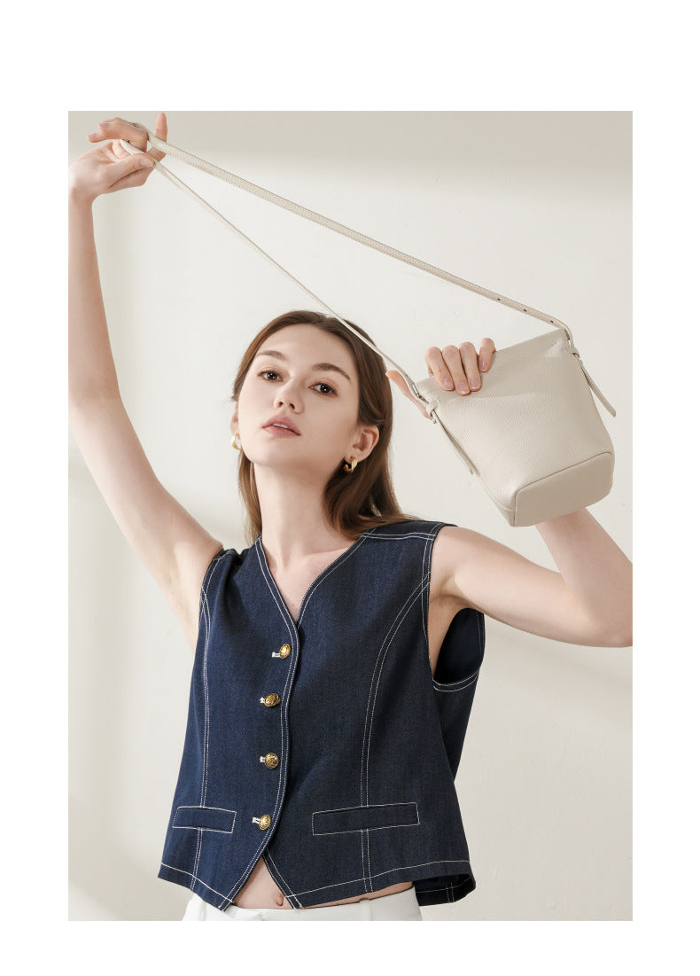 Top Grain Leather Shoulder Phone Bag for Women-Leather Phone Bags-Ivory-13*6.5*17.5-Free Shipping Leatheretro