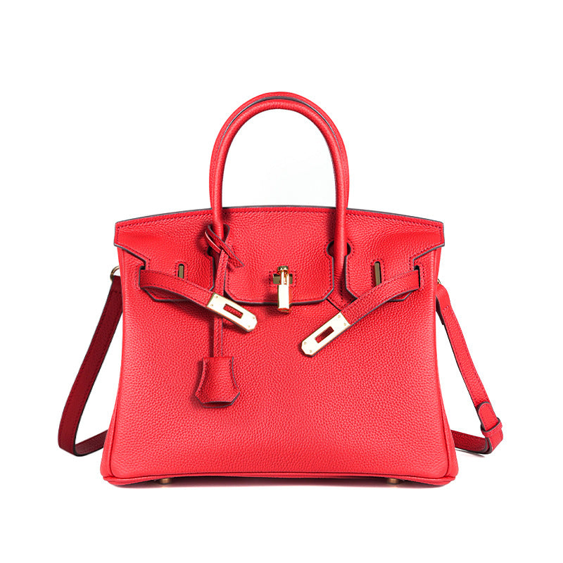 Luxury Genuine Top Grain Pebbled Leather Women's Handbag with Lock Closure-Handbags-elephant gray-35CM-Free Shipping Leatheretro