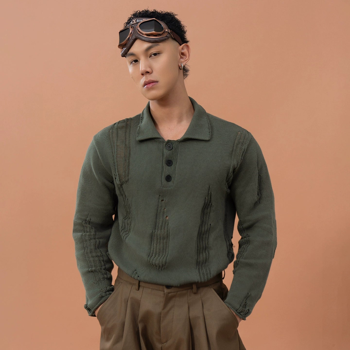 CLP Men's Distressed Knit Polo Shirt-Green-M-Free Shipping Leatheretro