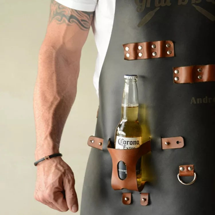 PU Leather BBQ Apron – Outdoor Cooking, Grilling & Picnic Apron with Bottle Holder – Oil-Resistant Work Apron-Leather Canvas Aprons-PU Brown-Free Shipping Leatheretro