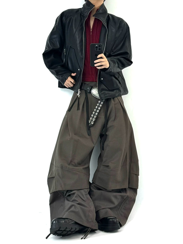 RELABEL Double-Layer Vertical & Horizontal Pleated Wide-Leg Trousers-Brown-XS-Free Shipping Leatheretro