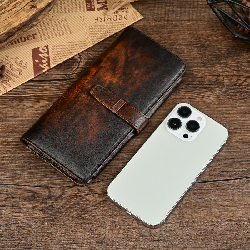 Genuine Leather Men's Vintage Distressed Multi-Card Long Wallet-Handbags, Wallets & Cases-Coffee-Free Shipping Leatheretro