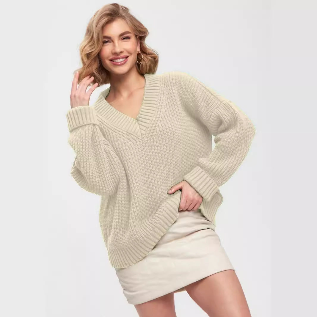 Casual V Neck Loose Knitted Sweaters-Sweaters-Green-S-Free Shipping Leatheretro