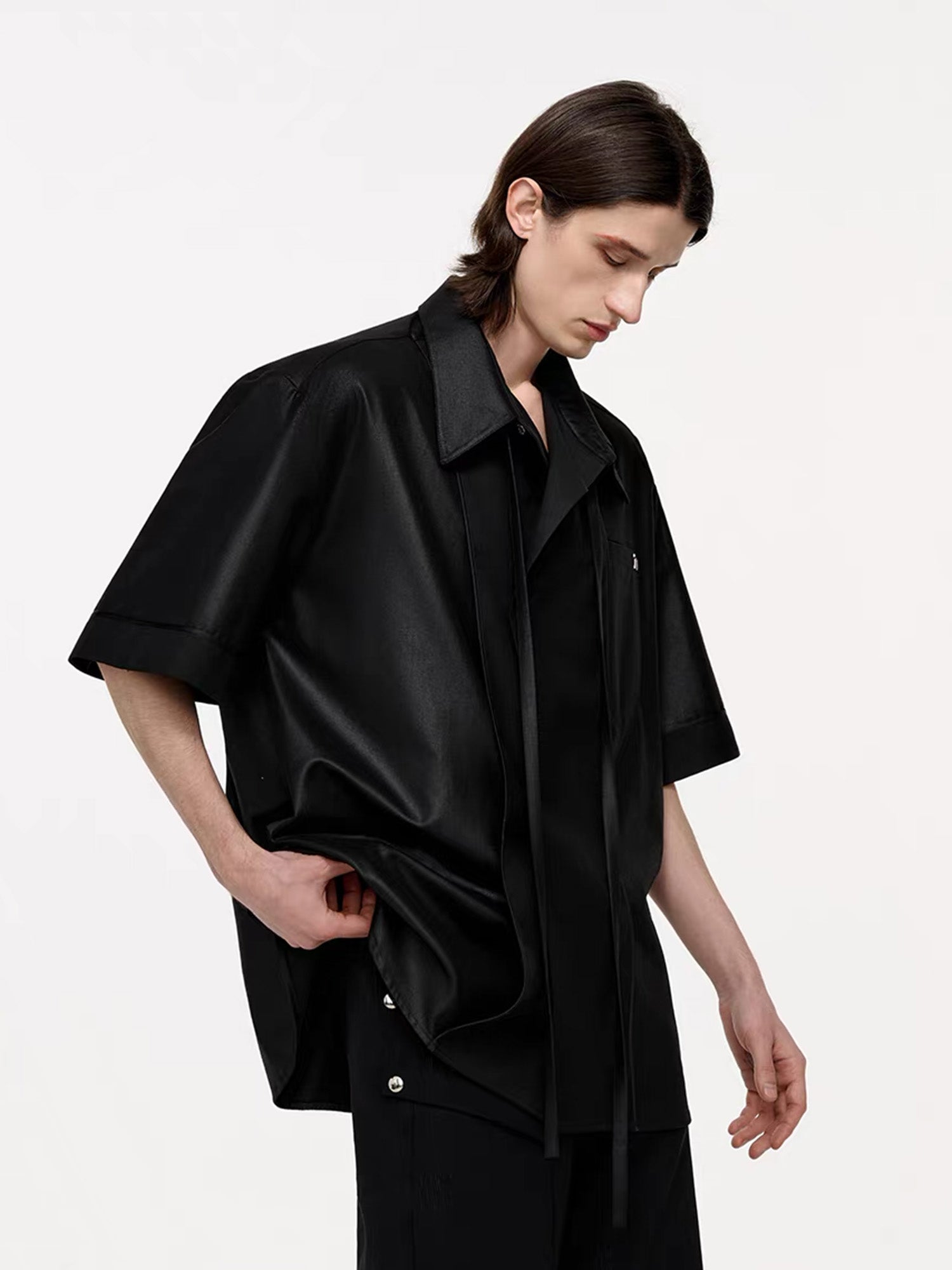 TIWILLTANG Draped Camp-Collar T Shirt-Jacket-S-Black-Free Shipping Leatheretro