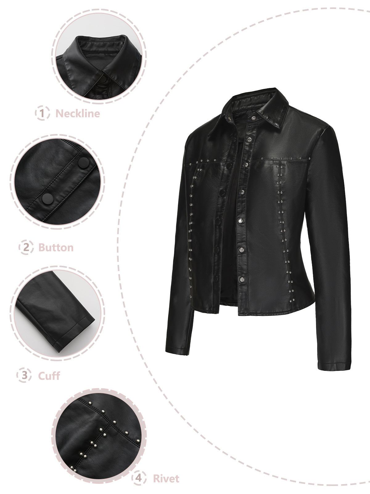 Stylish Rivet Button Leather Jacket-black-S-Free Shipping Leatheretro