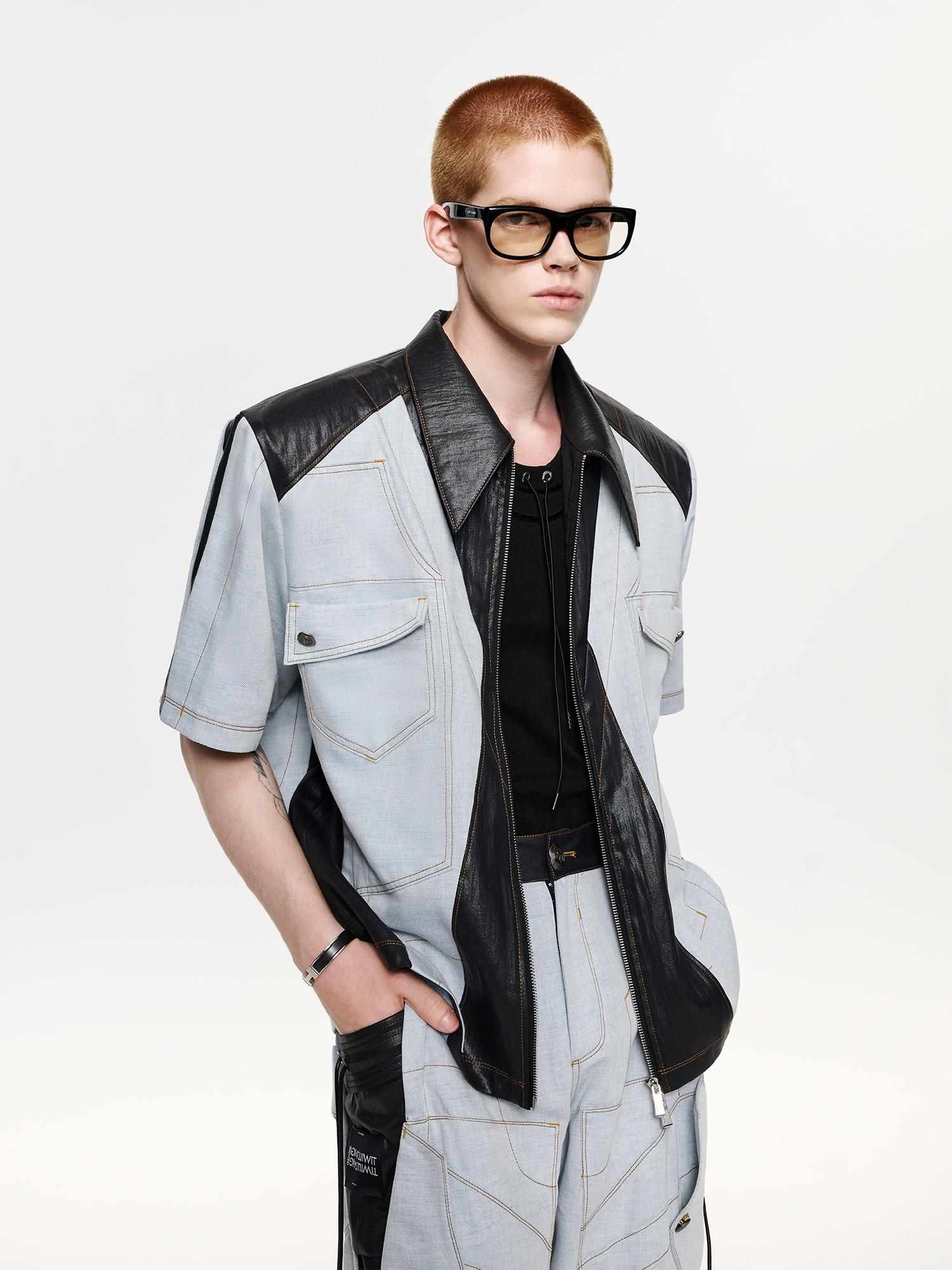TIWILLTANG Contrast Stitch Paneled Zip-Up Half Shirt-Half shirt-S-Blue-Free Shipping Leatheretro