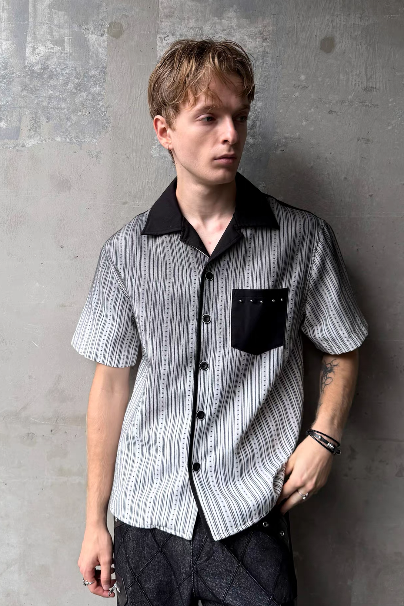 ESAIAS Studded Washed Dotted Stripe Half Shirt-Half shirt-S-Free Shipping Leatheretro