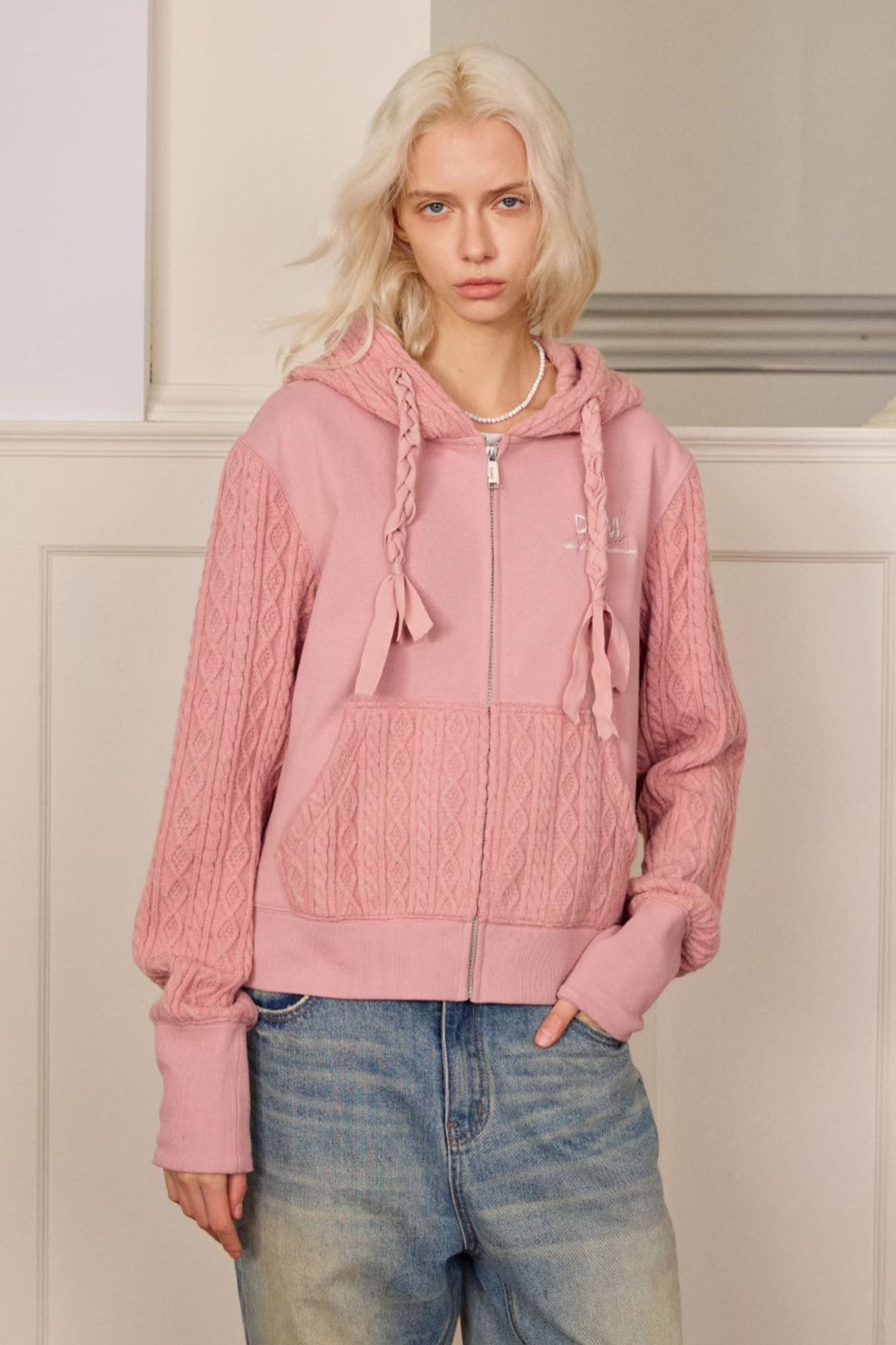 DONSMOKE Spliced Cable-Knit Zip-Up Hoodie-Hoodie-S-Black-Free Shipping Leatheretro