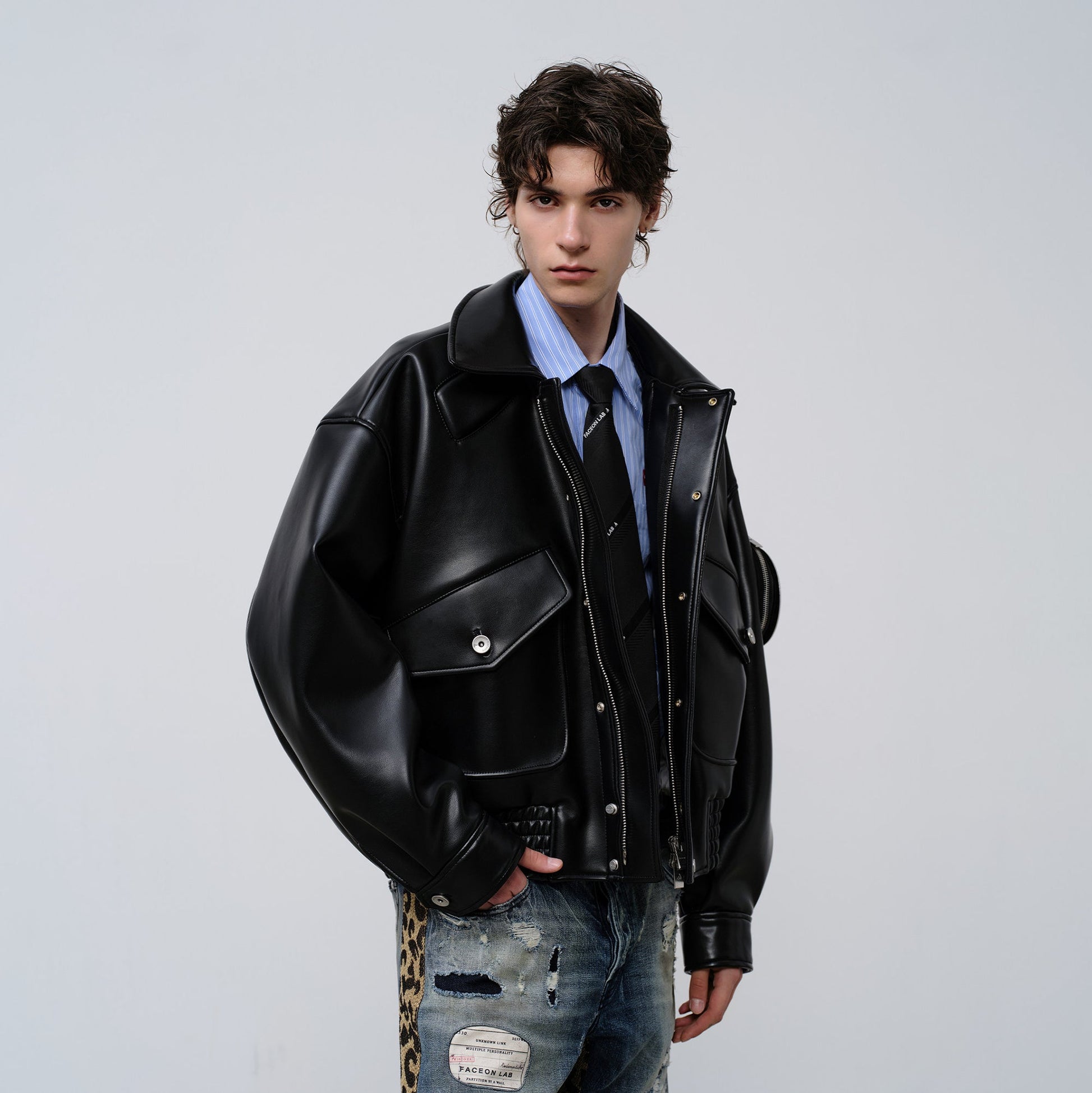 FACEONLAB Arm-Patched Bomber Oversized Jacket-Jacket-M (Preorder)-Free Shipping Leatheretro