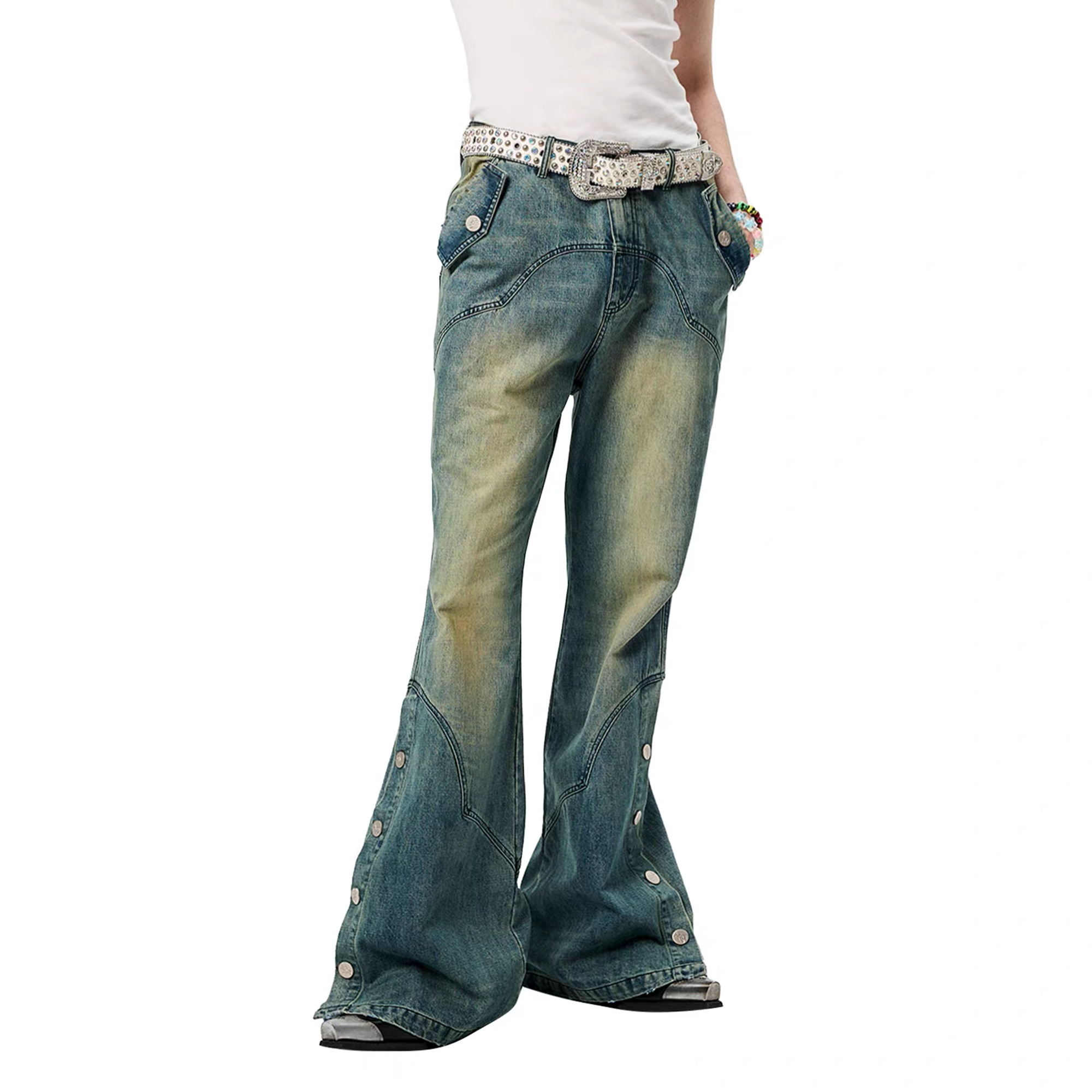 ERISSTOFF Washed Detachable Flared Jeans Blue-Jeans-S / 30"-Free Shipping Leatheretro
