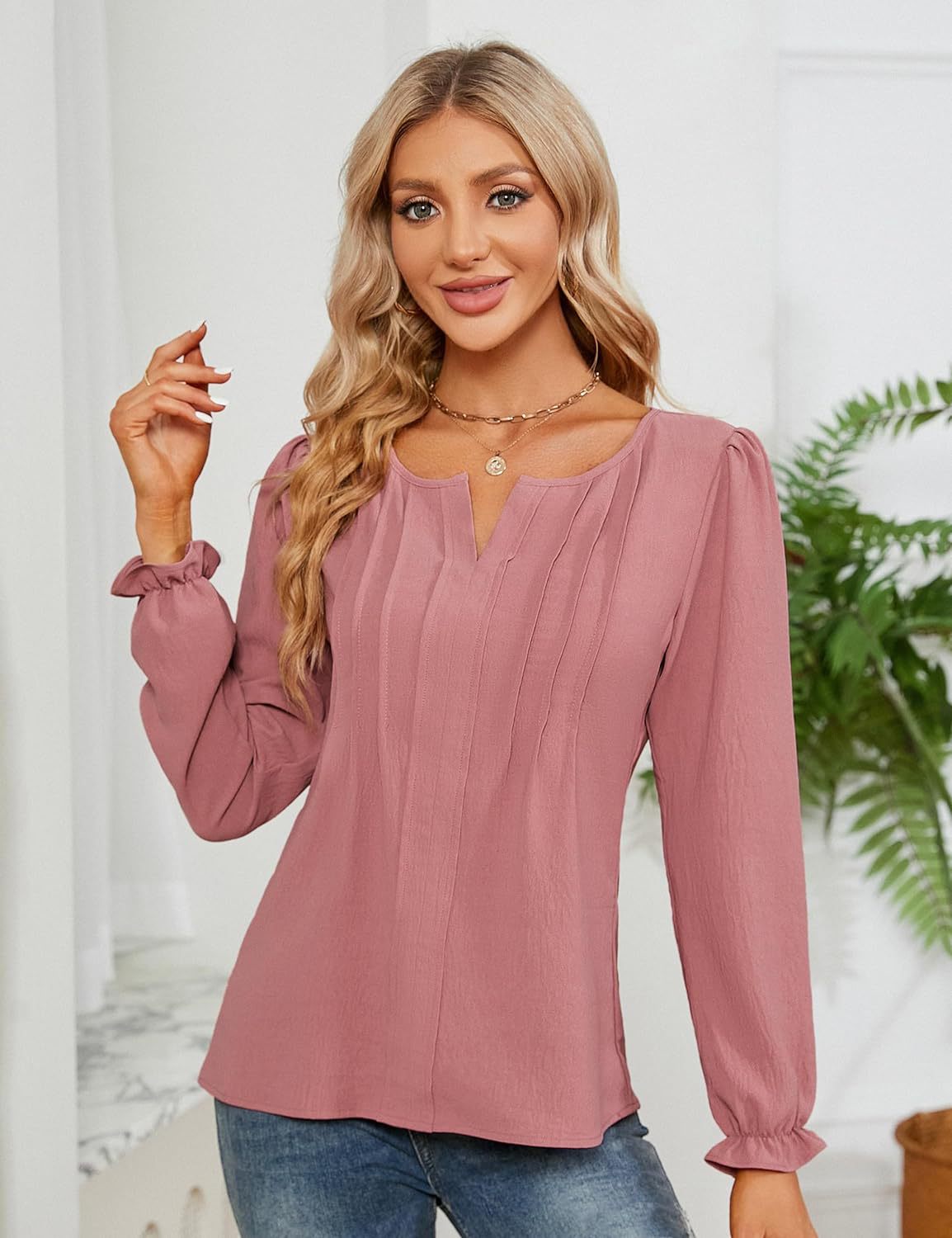 Casual Chiffon Summer V Neck Long Sleeves Blouses-Shirts & Tops-Pink-S-Free Shipping Leatheretro