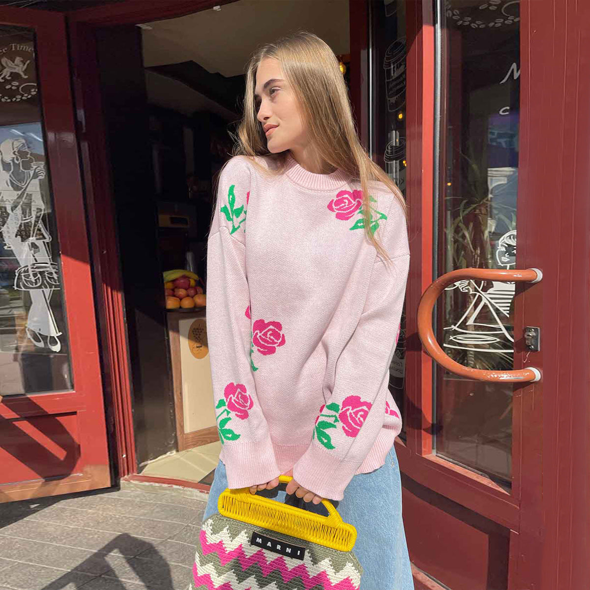 Fashion Rose Flowers Winter Knitted Women Sweaters-Sweater&Hoodies-Pink-S-Free Shipping Leatheretro