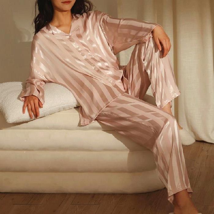 Causal Striped Summer Long Sleeves Homewear-Sleepwear & Loungewear-Pink-M-Free Shipping Leatheretro