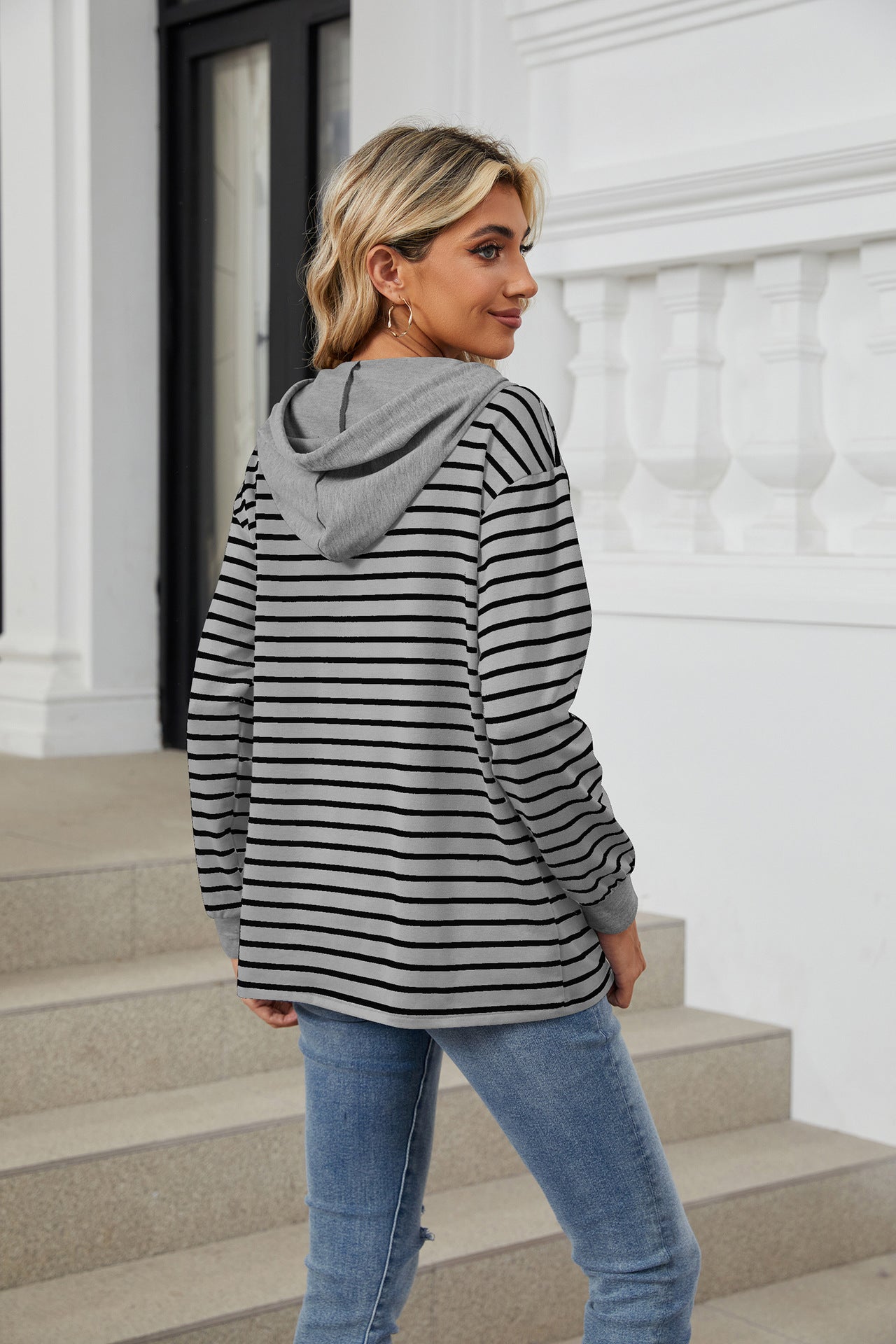 Casual Striped Long Sleeves Hoodies-Sweater&Hoodies-Navy Blue-S-Free Shipping Leatheretro