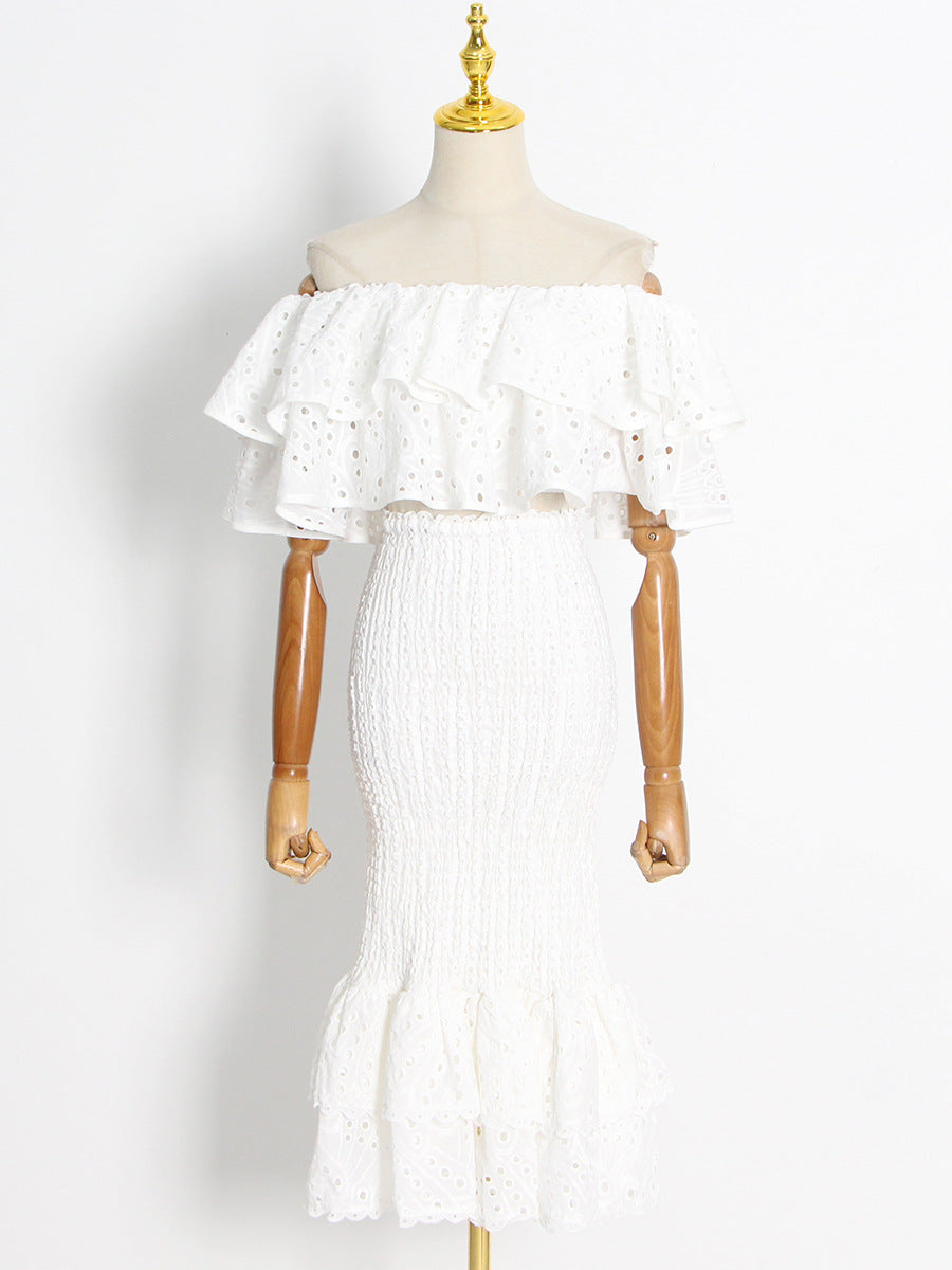 Fashion Ruffled Irregular Shirts and High Waist Mermaid Skirts Sets-Dresses-White-S-Free Shipping Leatheretro