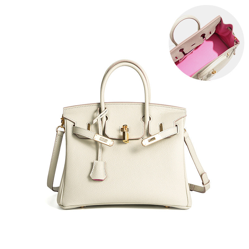 Luxury Genuine Top Grain Pebbled Leather Women's Handbag with Lock Closure-Handbags-elephant gray-35CM-Free Shipping Leatheretro