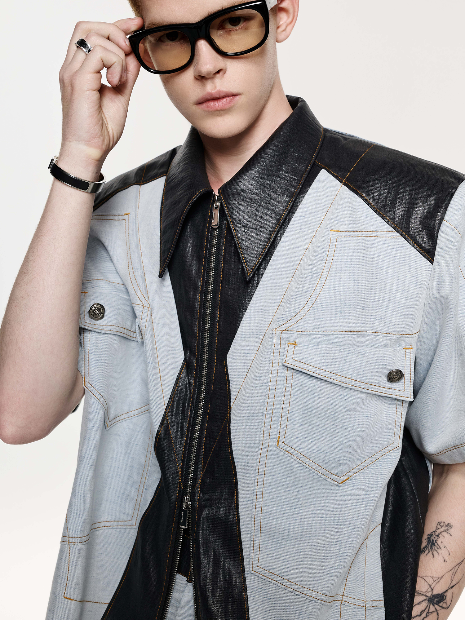 TIWILLTANG Contrast Stitch Paneled Zip-Up Half Shirt-Half shirt-S-Blue-Free Shipping Leatheretro