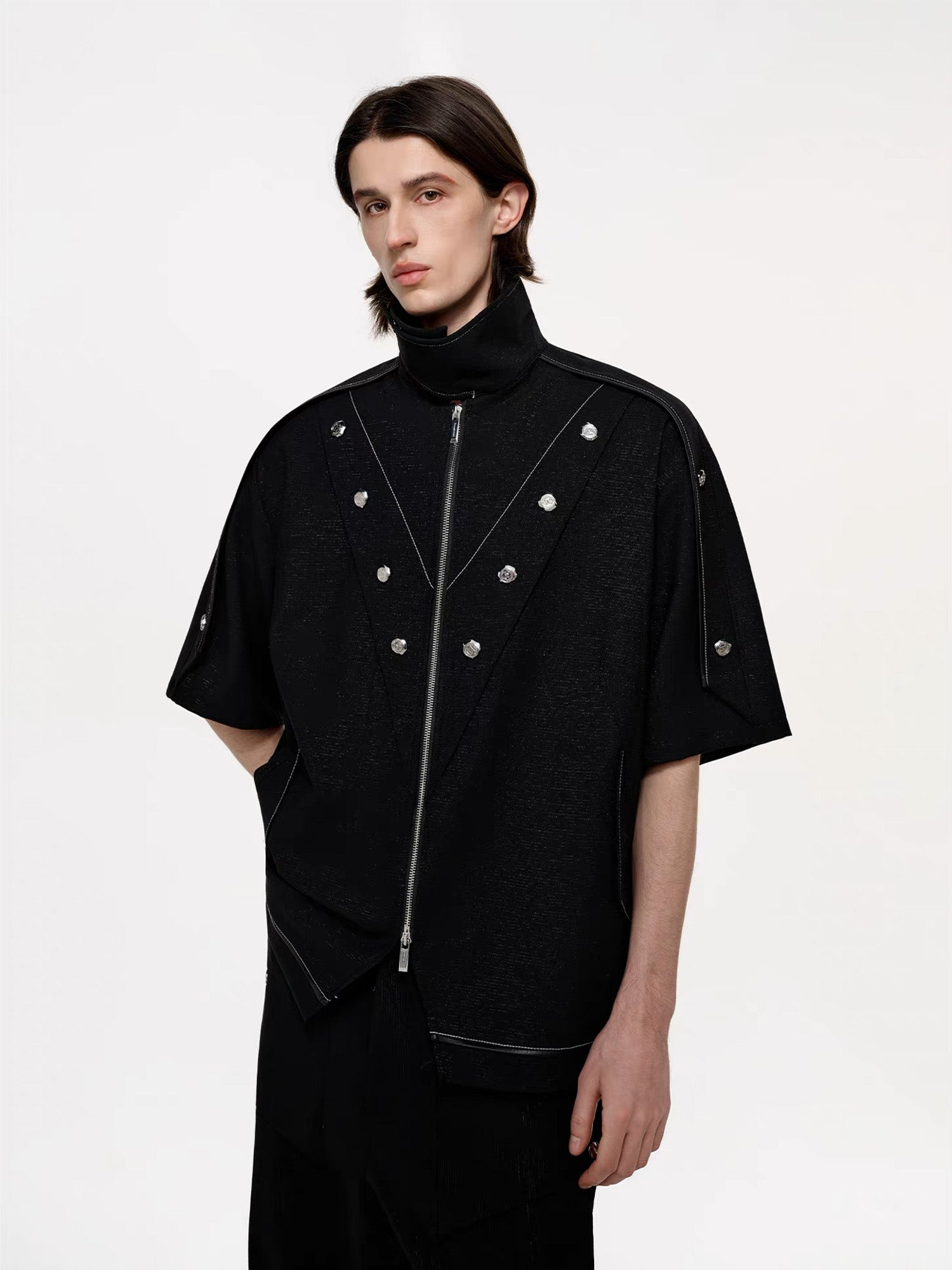 TIWILLTANG Studded Trim Zip-Up Half Shirt-T Shirt-S-Free Shipping Leatheretro