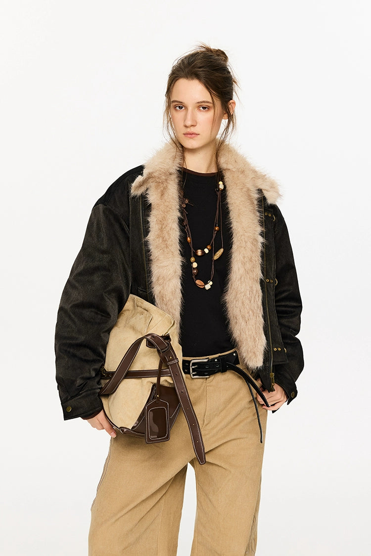 KREATE Harrington-Style PU Leather Jacket with Long Fur Collar-Ivory-S-Free Shipping Leatheretro