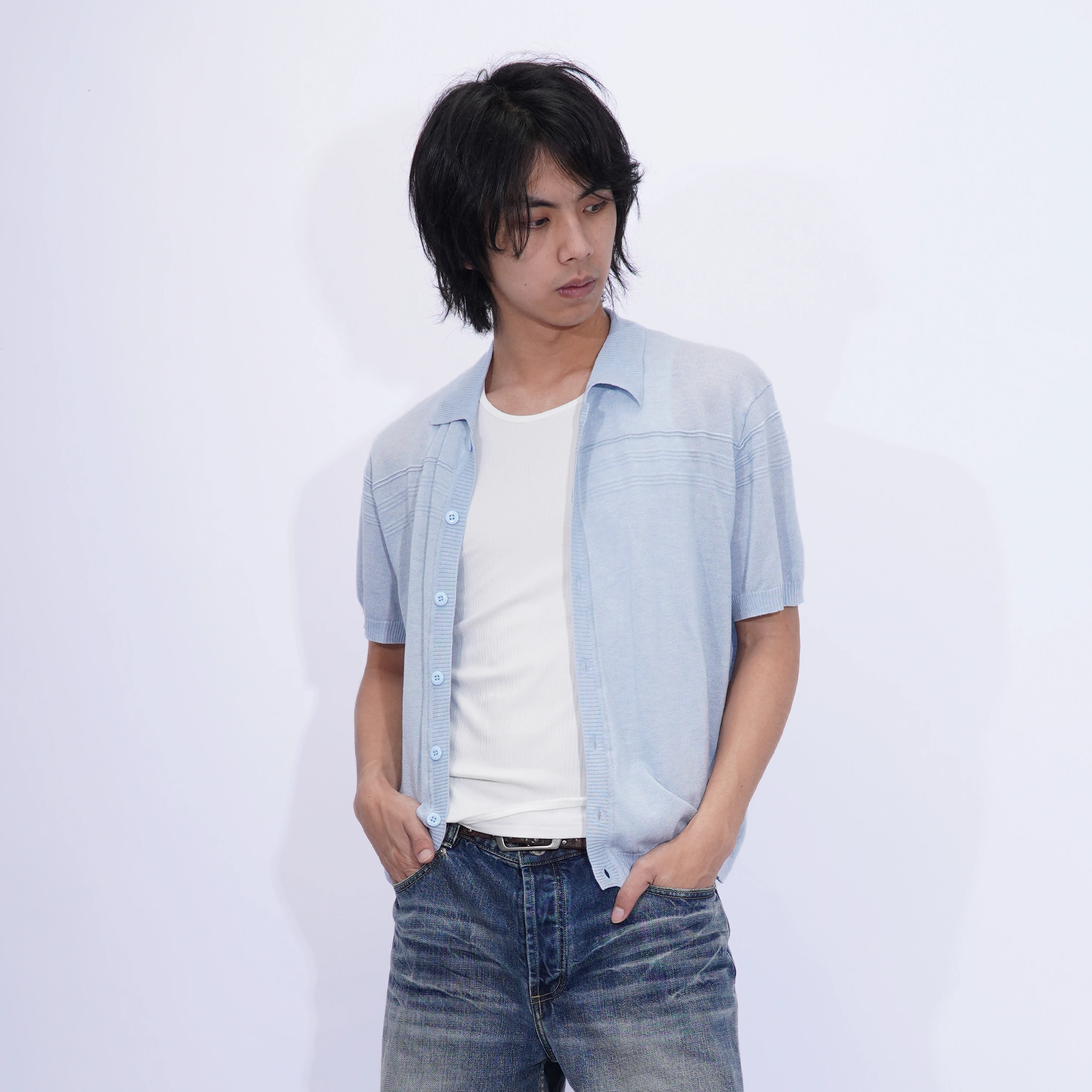 IN EXISTENCE Jacquard-Trim Wool-Blend Knit Half Shirt-Half shirt-S (1)-Blue (S M for Preorder)-Free Shipping Leatheretro