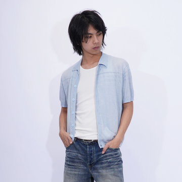 IN EXISTENCE Jacquard-Trim Wool-Blend Knit Half Shirt-Half shirt-S (1)-Blue (S M for Preorder)-Free Shipping Leatheretro