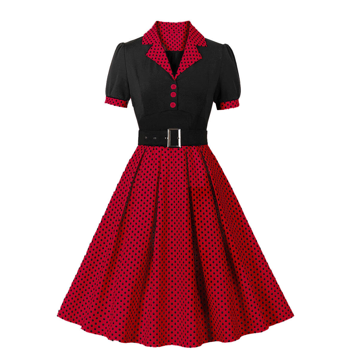 Vintage Polk Dot Short Sleeves Dresses-Dresses-Red-S-Free Shipping Leatheretro