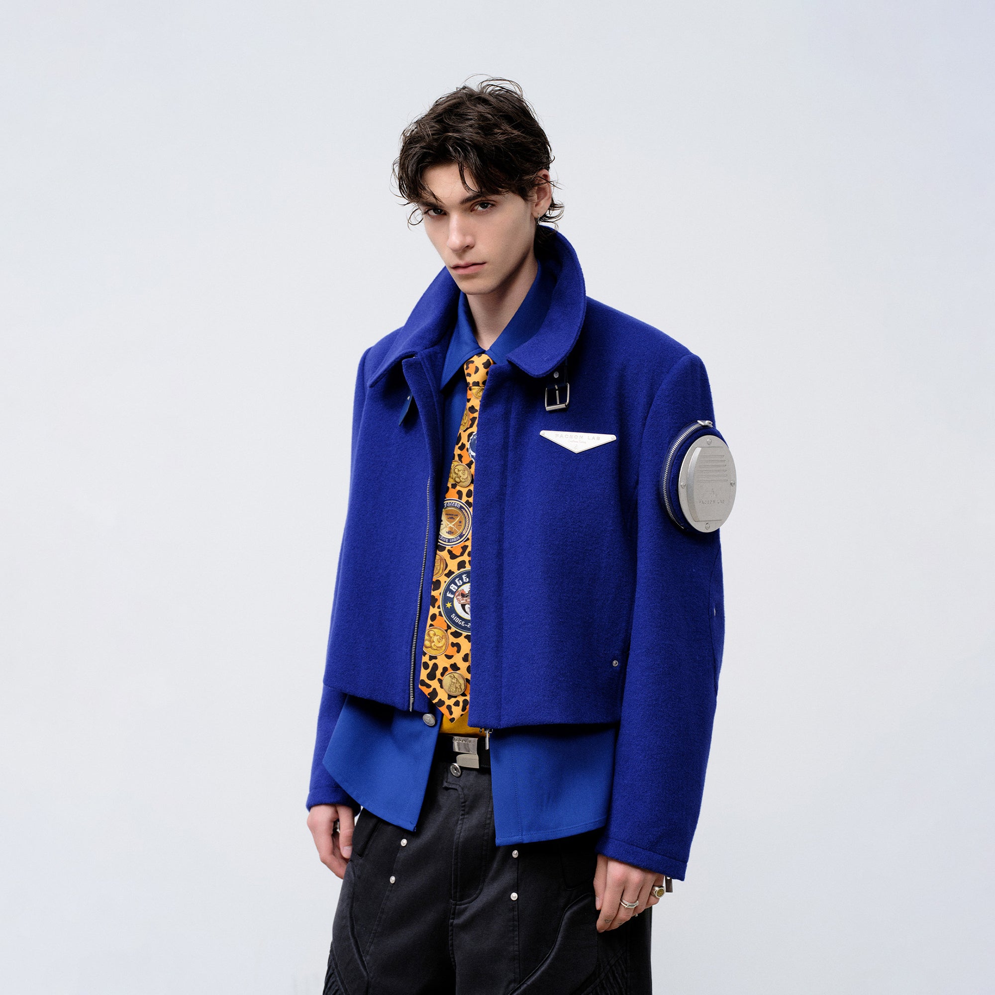 FACEONLAB Arm-Patched Cropped Naval Jacket Blue-Jacket-M (Preorder)-Free Shipping Leatheretro