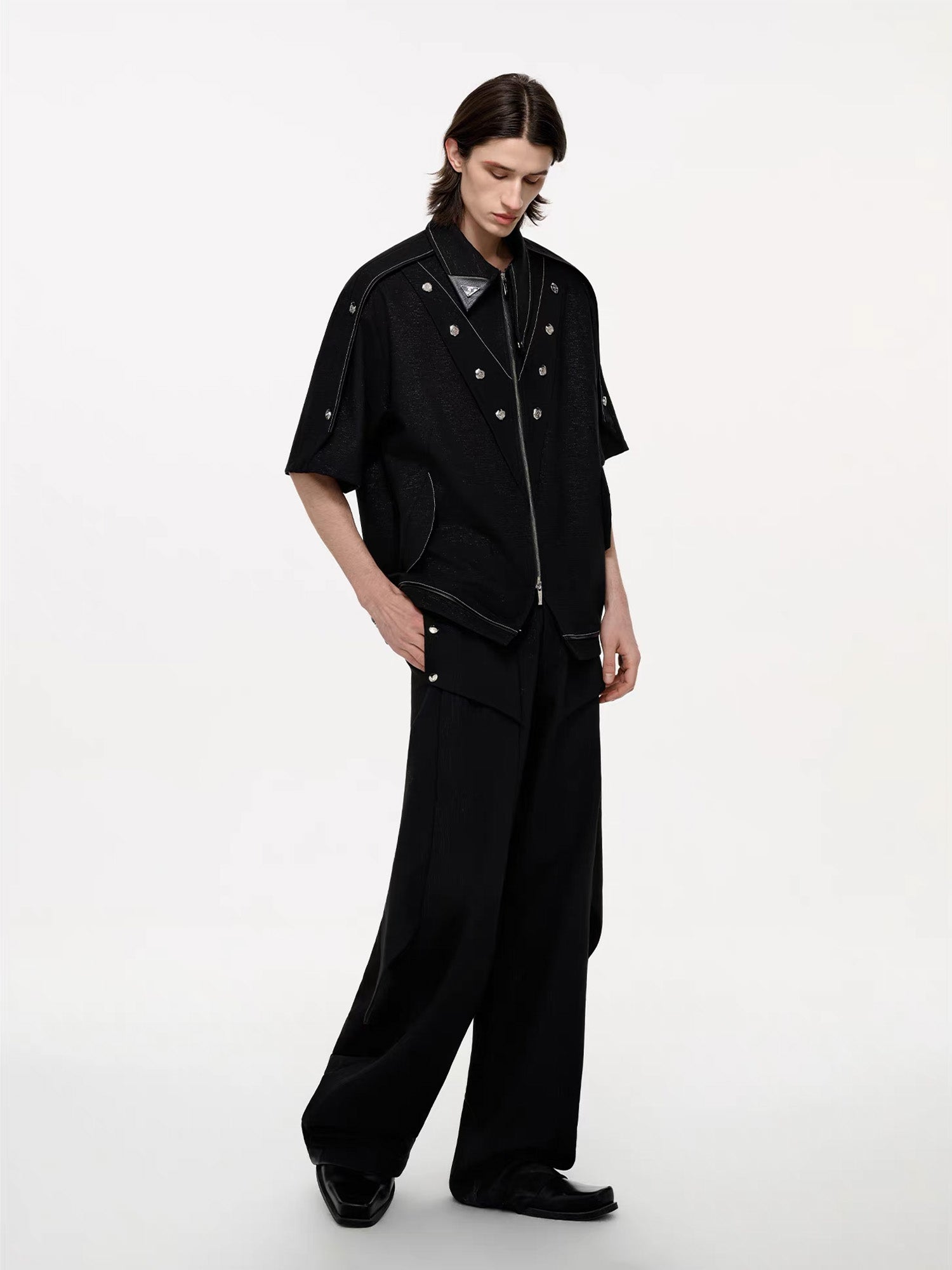 TIWILLTANG Studded Trim Zip-Up Half Shirt-T Shirt-S-Free Shipping Leatheretro