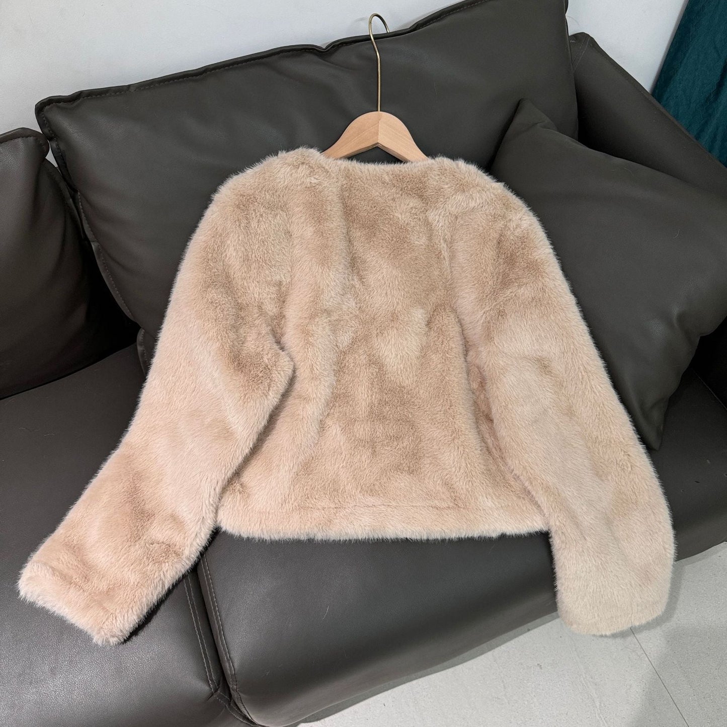 Fashion V Neck Faux Fur Short Coats-Coats & Jackets-Apricot-One Size-Free Shipping Leatheretro