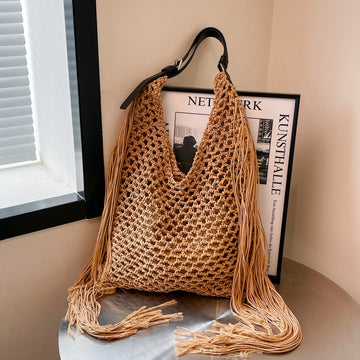 Retro Fringe Handwoven Crochet Tote Bag-Black-Free Shipping Leatheretro