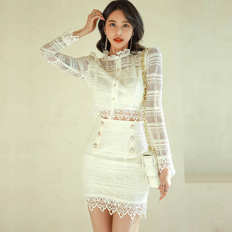 Elegant Lace Short Coats and Body Con Skirts-suits-White-S-Free Shipping Leatheretro