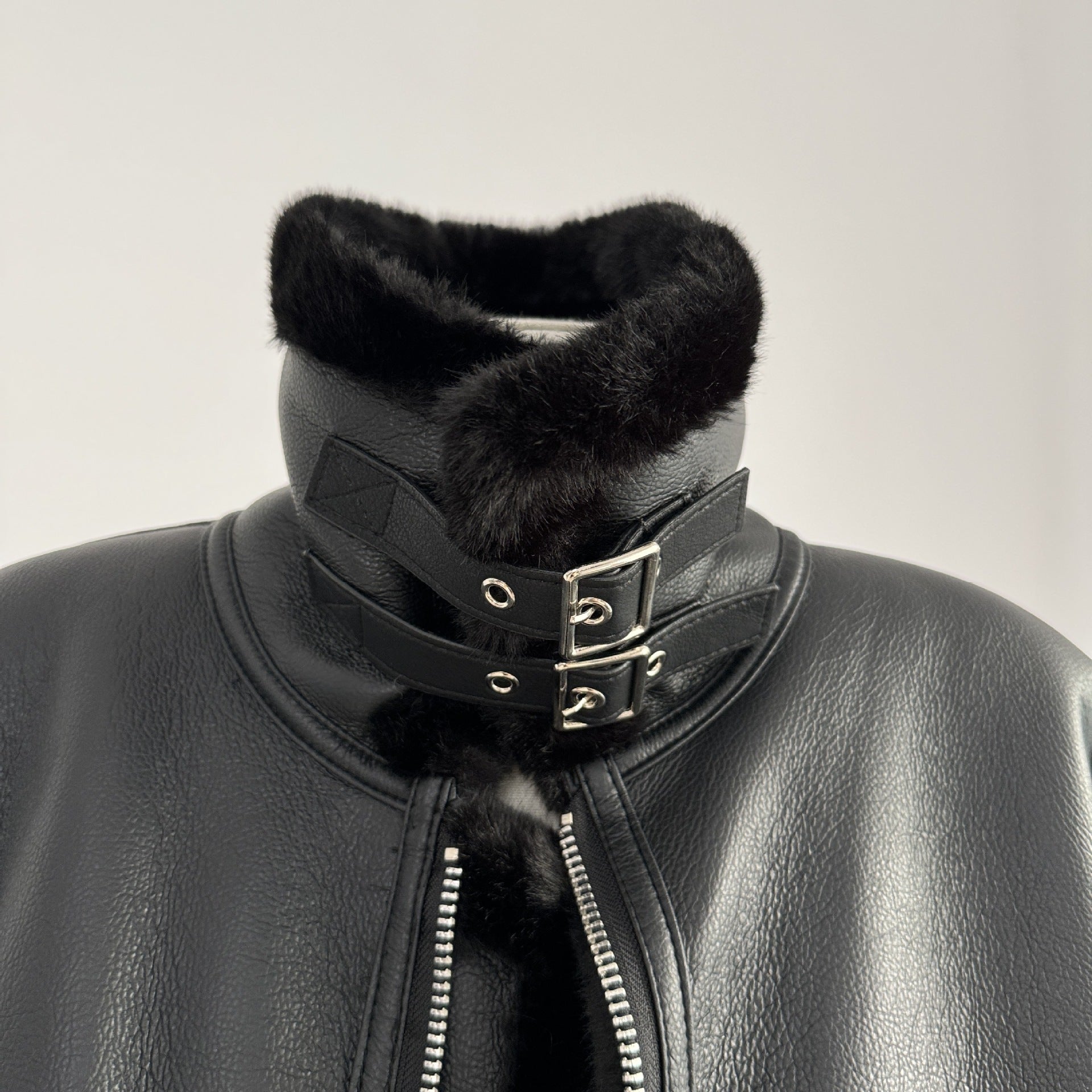 Vintage Stand Collar Leather with Fur Warm Jacket Coats-Coats & Jackets-Black-M-Free Shipping Leatheretro