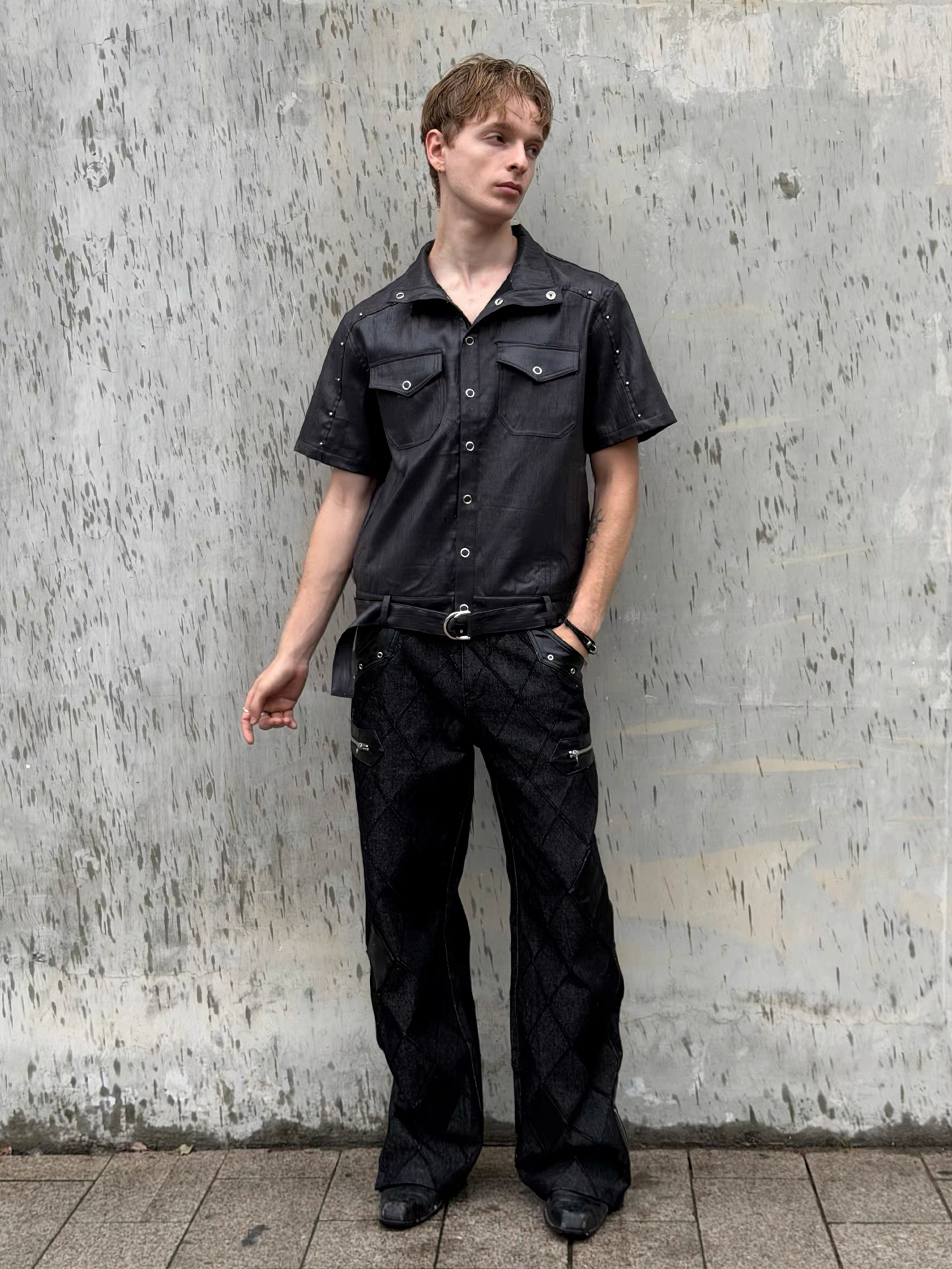 ESAIAS Diamond Faux Leather Patch Rivet Jeans-Jeans-S / 29" (Preorder)-Free Shipping Leatheretro