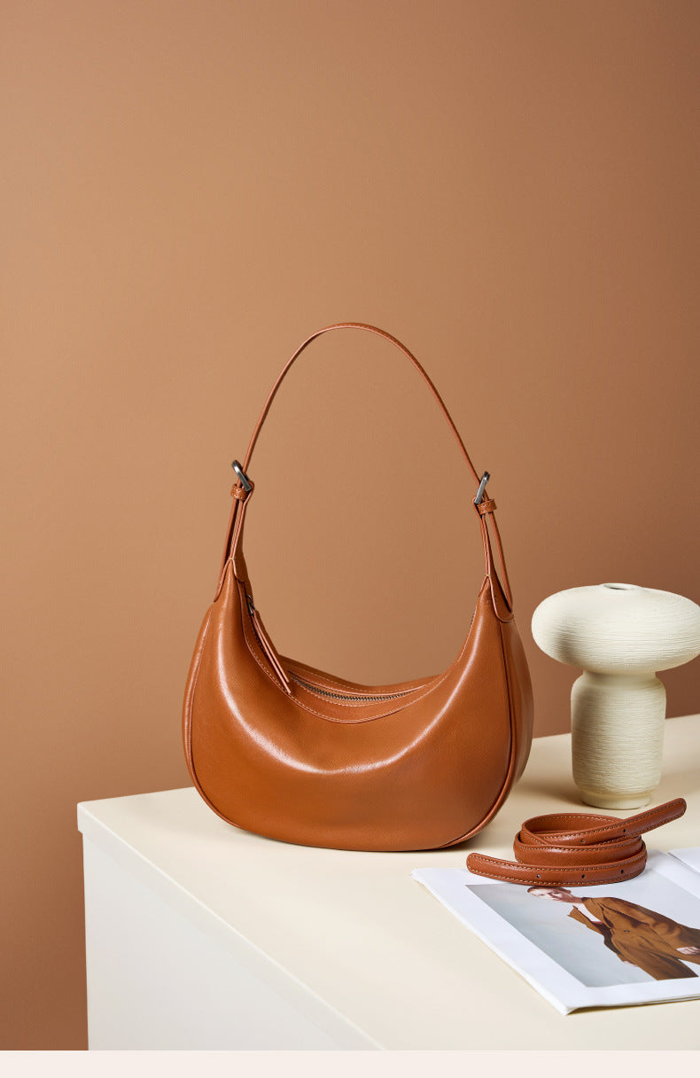 Moon Crescent Hobo Bag – Genuine Leather Large Capacity Shoulder Bag-Hobo Bags-Caramel-Free Shipping Leatheretro