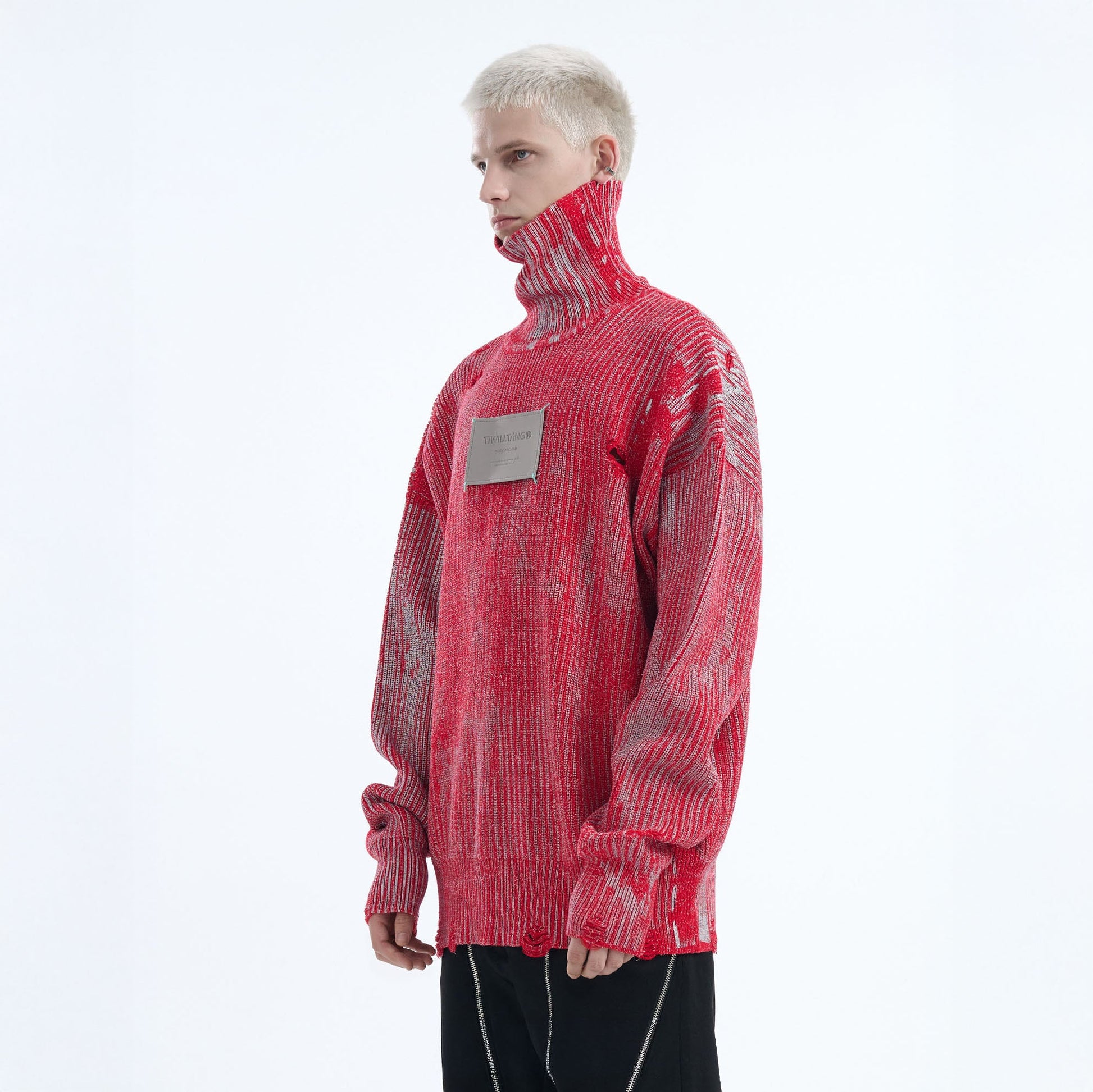 TIWILLTANG Distressed Foil High-Neck Sweater-Sweater-S-Red-Free Shipping Leatheretro