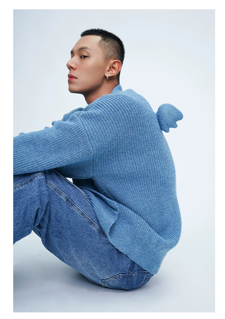 CLP Unisex Wing Design Oversized Knit Cardigan-Blue-Short Style-3 Buttons-Free Shipping Leatheretro