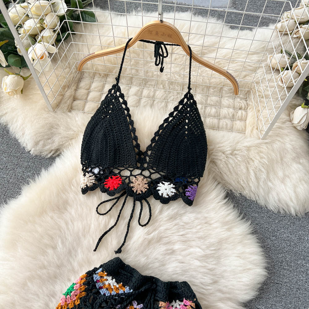 Summer Bohemian Crochet Knitted Strapless Tops & Skirts Women Sets-Dresses-Black-One Size-Free Shipping Leatheretro