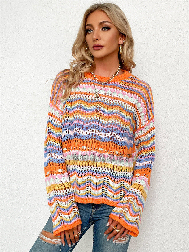 Casual Bohemian Striped Knitted Sweaters-Sweater&Hoodies-Green-S-Free Shipping Leatheretro