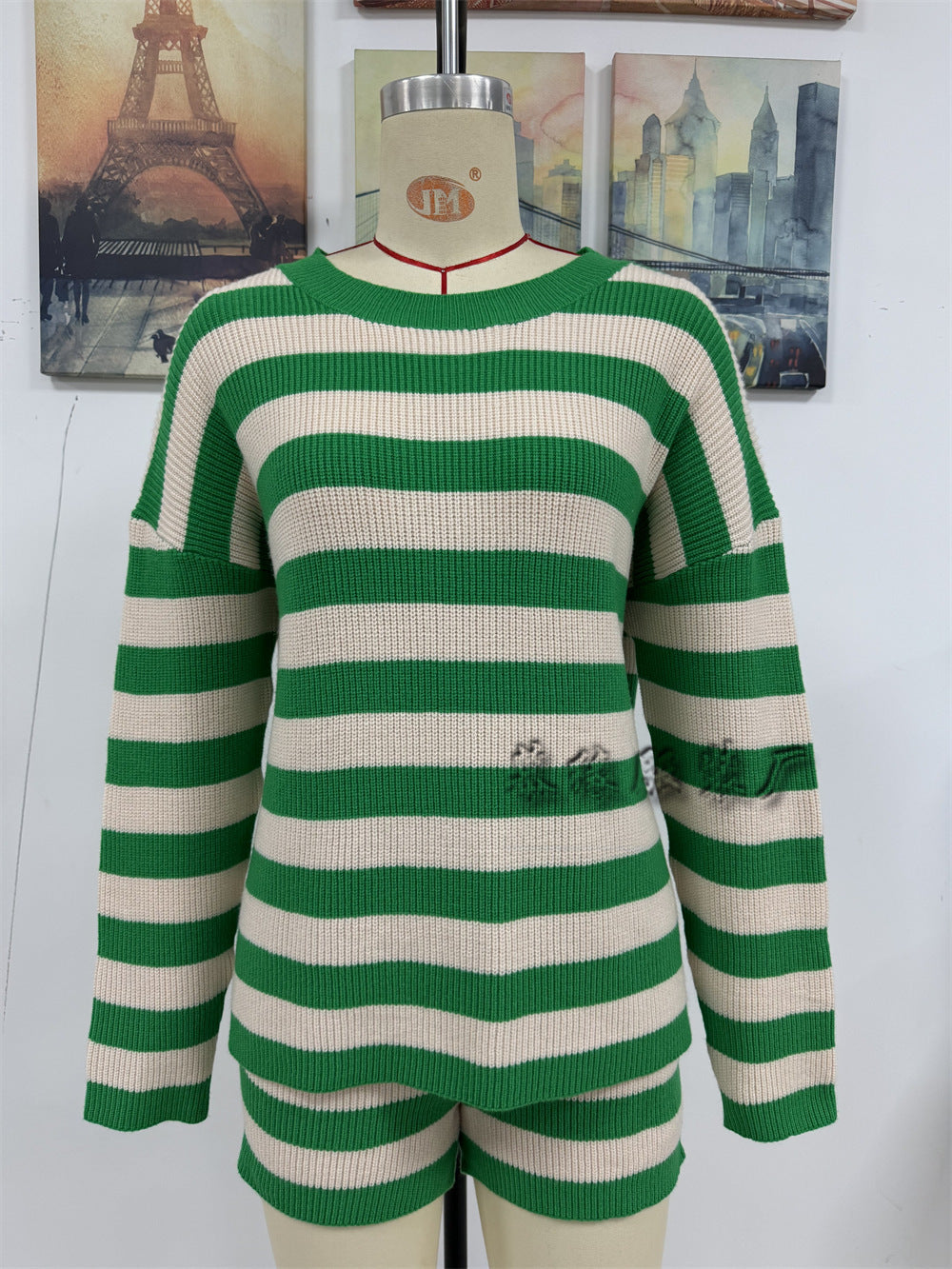 Leisure Round Neck Striped Women Sweaters-suits-Green-S-Free Shipping Leatheretro